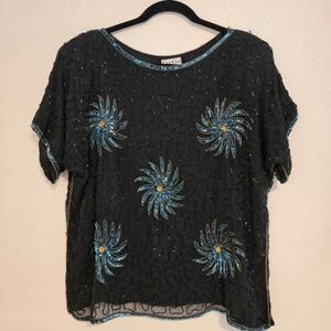 CEE CEE Blouse Sz M Silk Sequin Embellished Boxy Boat Neck Dolman Sleeve Black